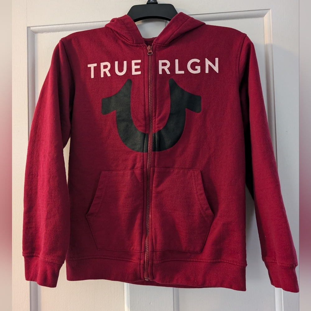 True Religion Men's Youth Logo Full Zip-Up Hoodie Sweatshirt Red Dahlia